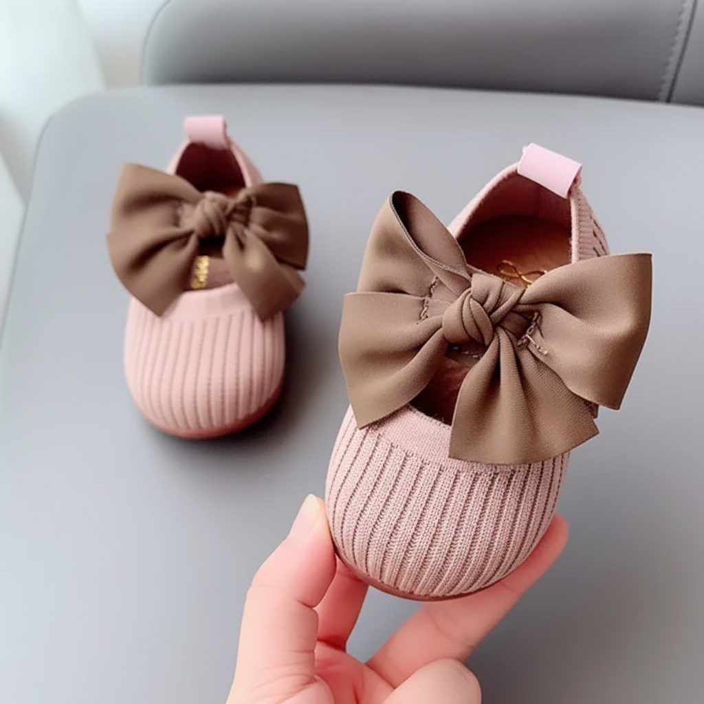 SweetBow – Sødt & praktisk – Strikkede babysko med sommerfuglesløjfe