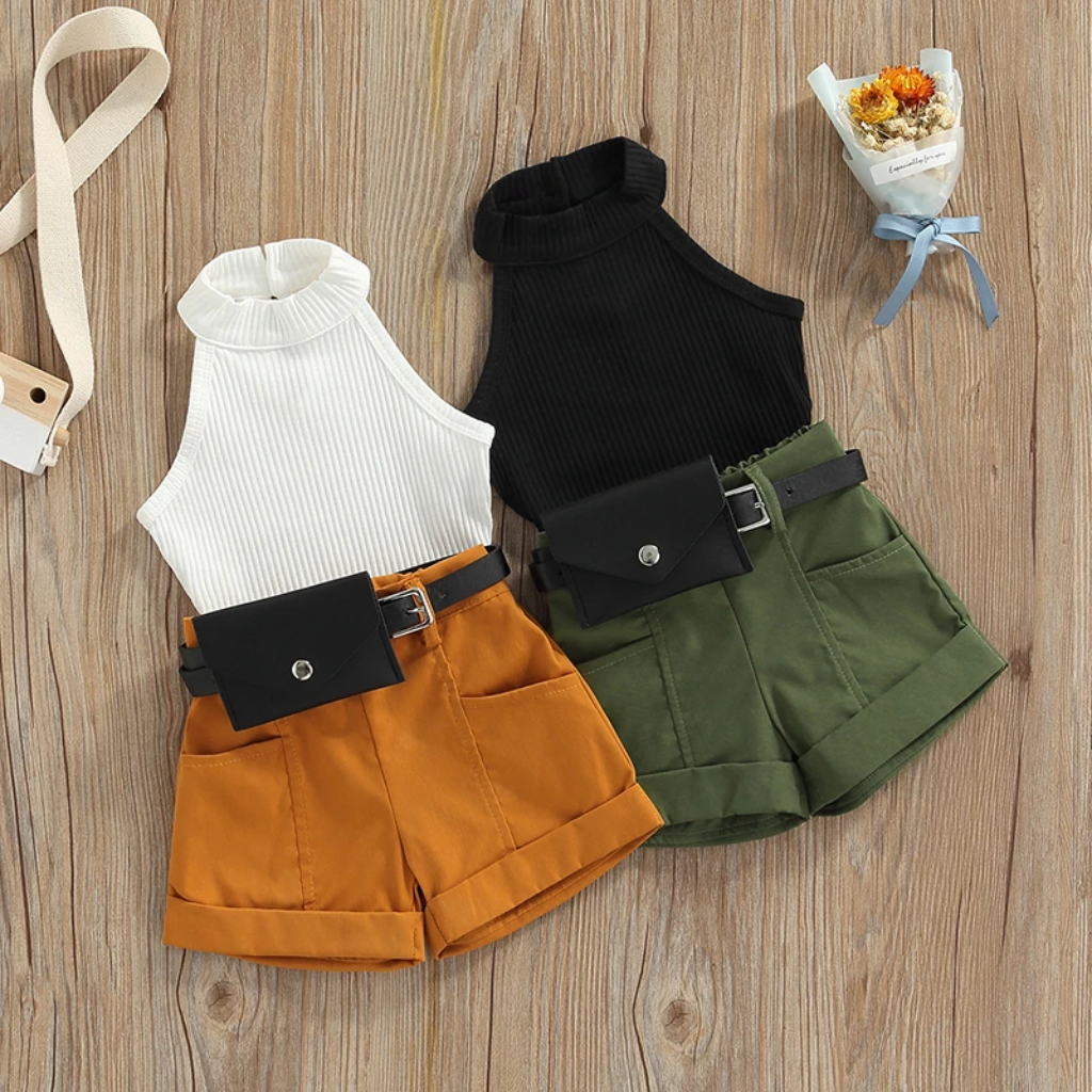 MiniFashionista – Elegant & Trends – Pigesæt med top, shorts og hoftetaske