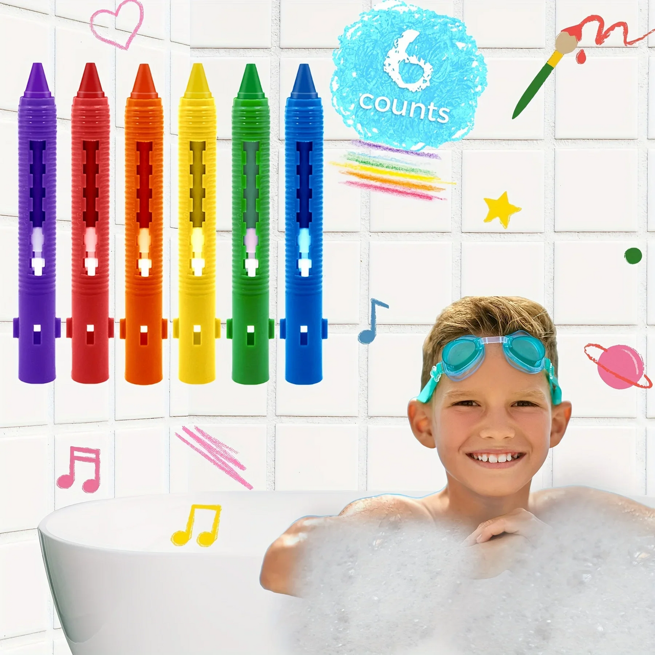 DoodleBath – Farverigt og legesygt – 6-delt sæt badekridt