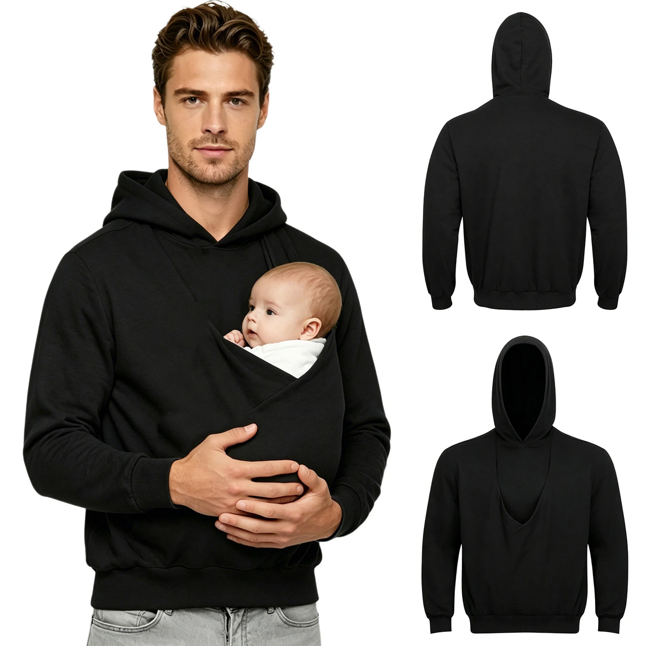 CuddleDad – Komfortabel og praktisk – Herre-hoodie med lomme til babyen