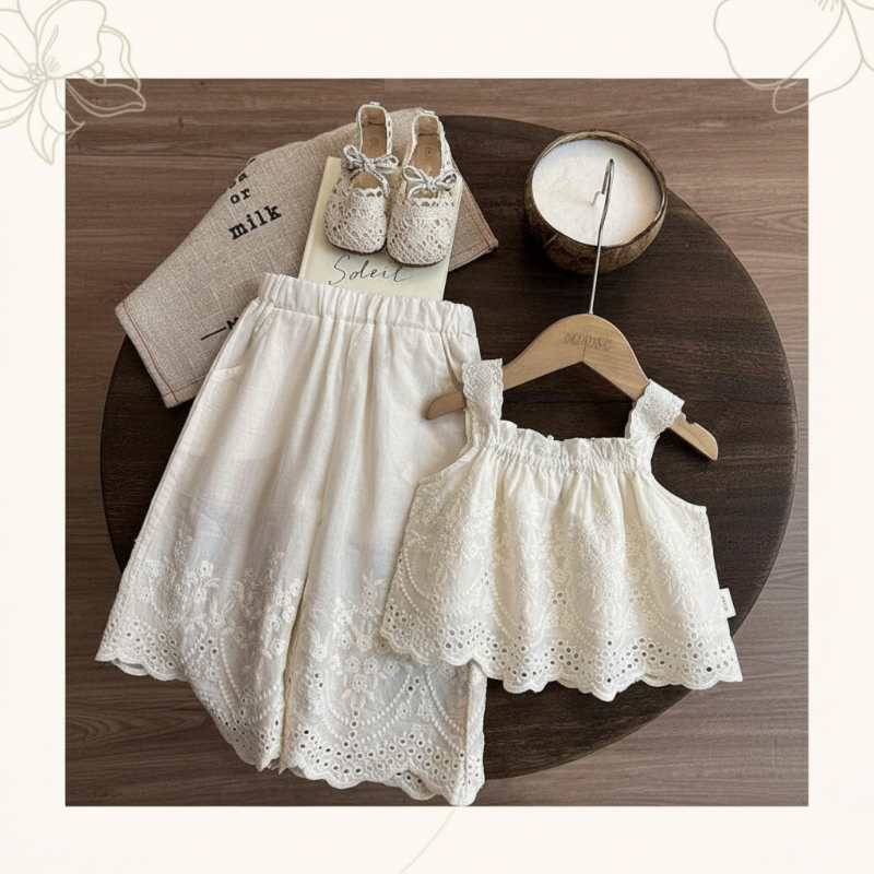 TinyLuxe – Zomerset med blonder-top og bukser med brede ben