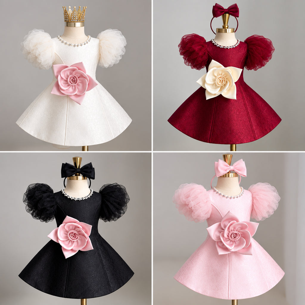 LittleRose – Elegant og festligt – Pige-kjole med 3D-blomst og pufærmer