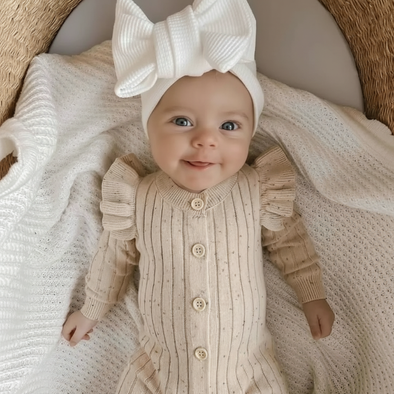 MiniAurora – Blødt & elegant – Strikket babydragt med englevinger og pandebånd