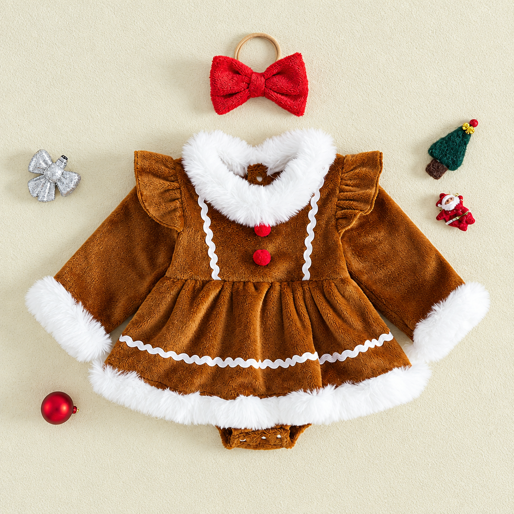LittleGinger – Varm og festlig – Baby-julejumpsuit med hårbånd