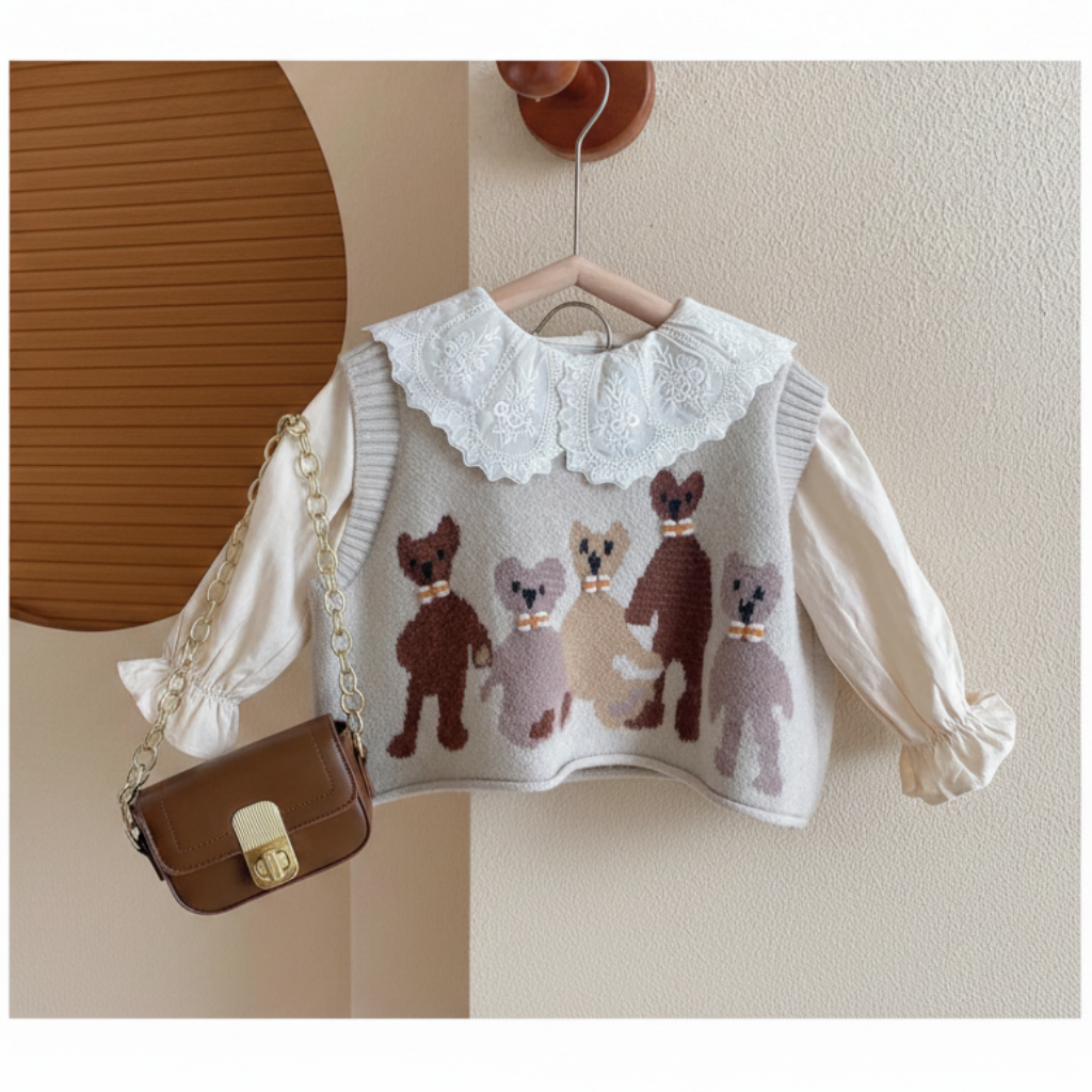 PrettyLayers – Sødt & stilfuldt – 3-delt sæt til piger med nederdel, bluse og strikket vest