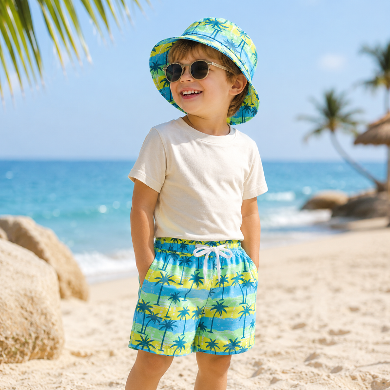Beach Set – Farverigt og stilfuldt – Badebukser med print og hat