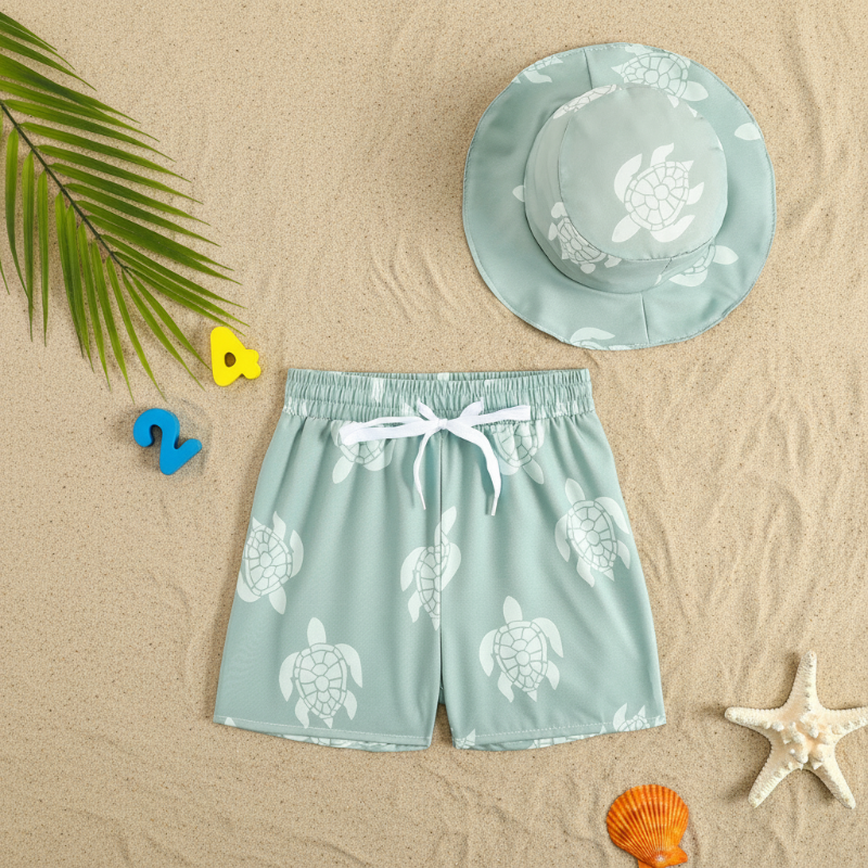 Beach Set – Farverigt og stilfuldt – Badebukser med print og hat