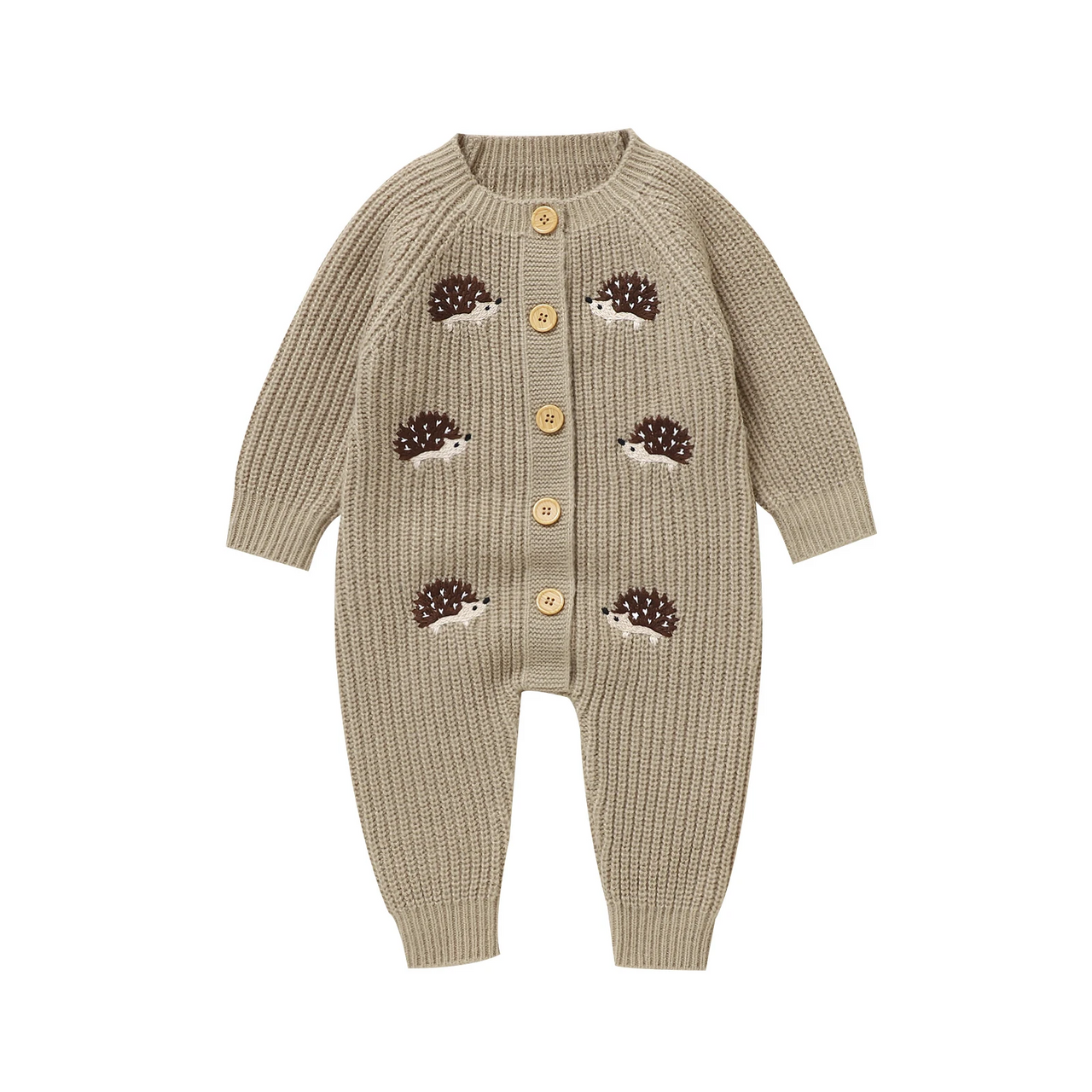 CozyHedge – Blødt & varmt – Strikket baby-jumpsuit med pindsvin-print