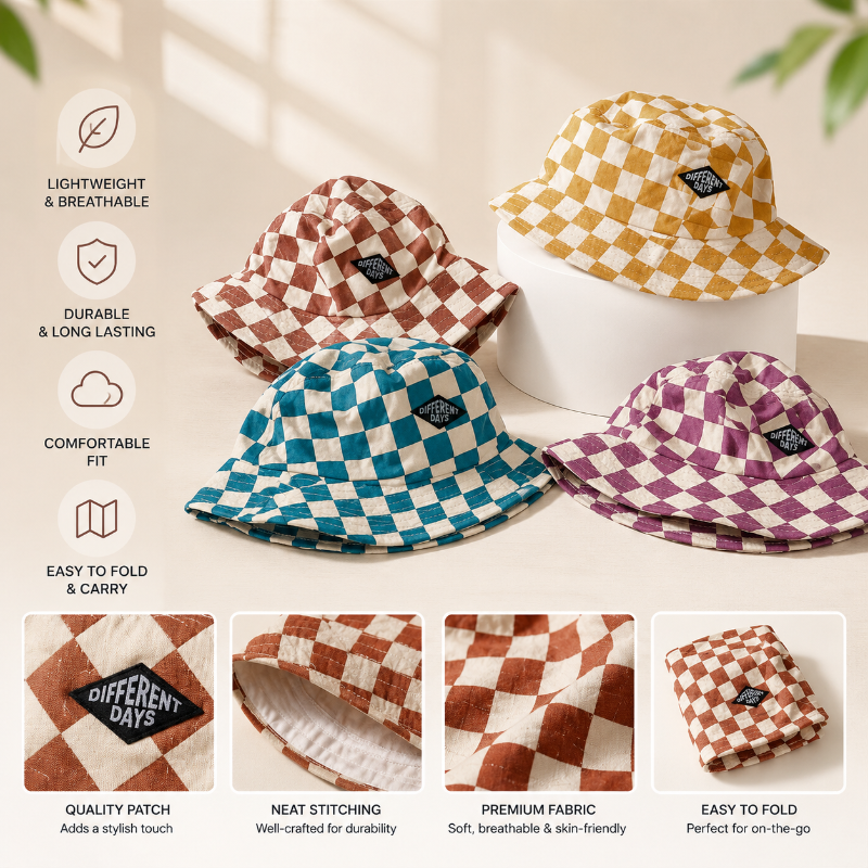 Bucket Hat – Sød & beskyttende – børnehue med ternet mønster