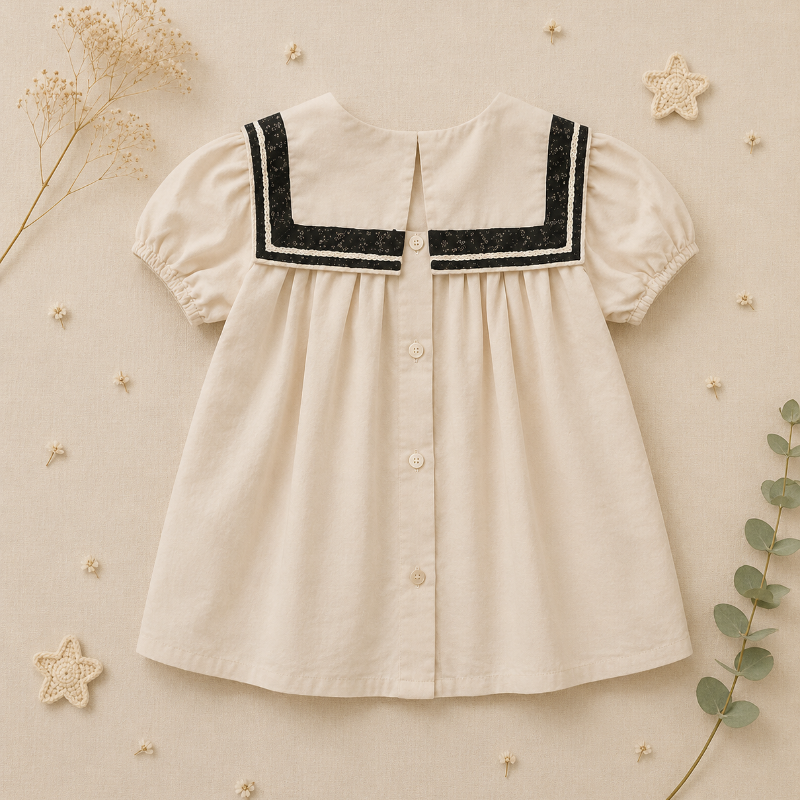 Sailor Top – Elegant og behagelig – Bluse med blondedetaljer og pufærmer