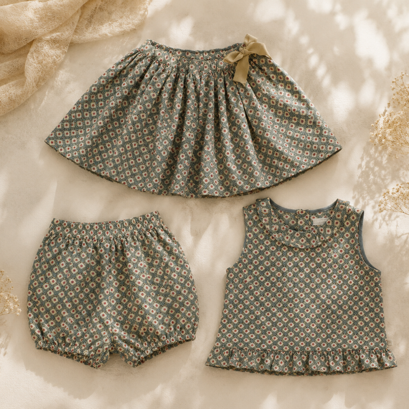 Matching Set – Behagelig & med tusindfryd-mønster – bloomers, nederdel og bluse