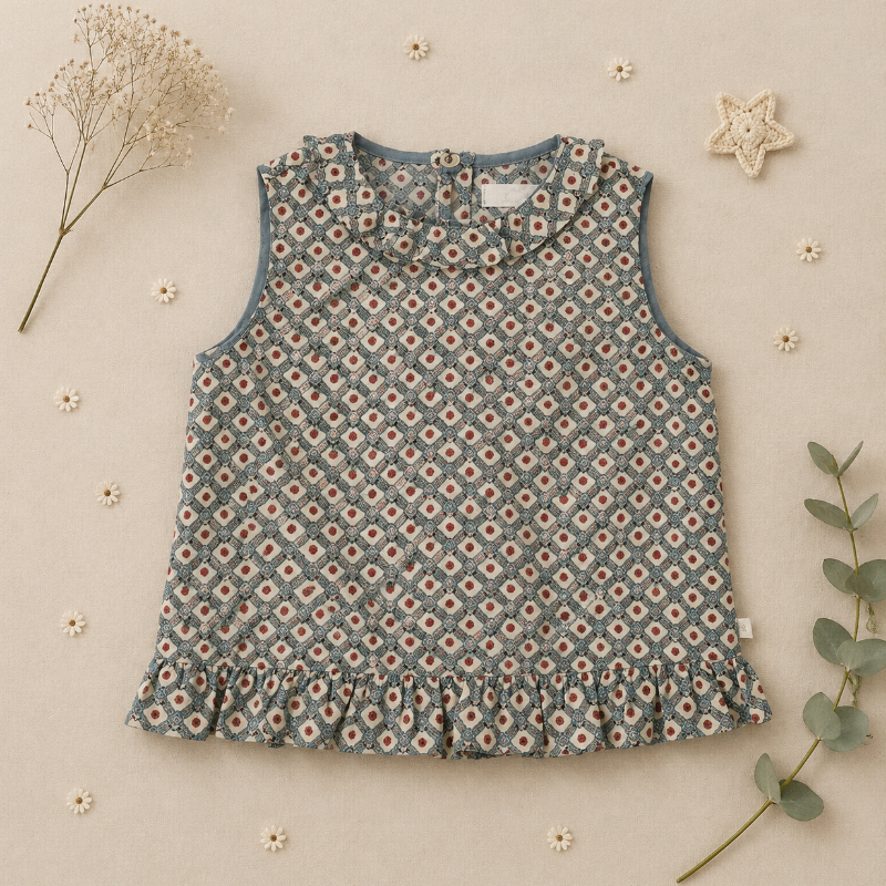 Matching Set – Behagelig & med tusindfryd-mønster – bloomers, nederdel og bluse