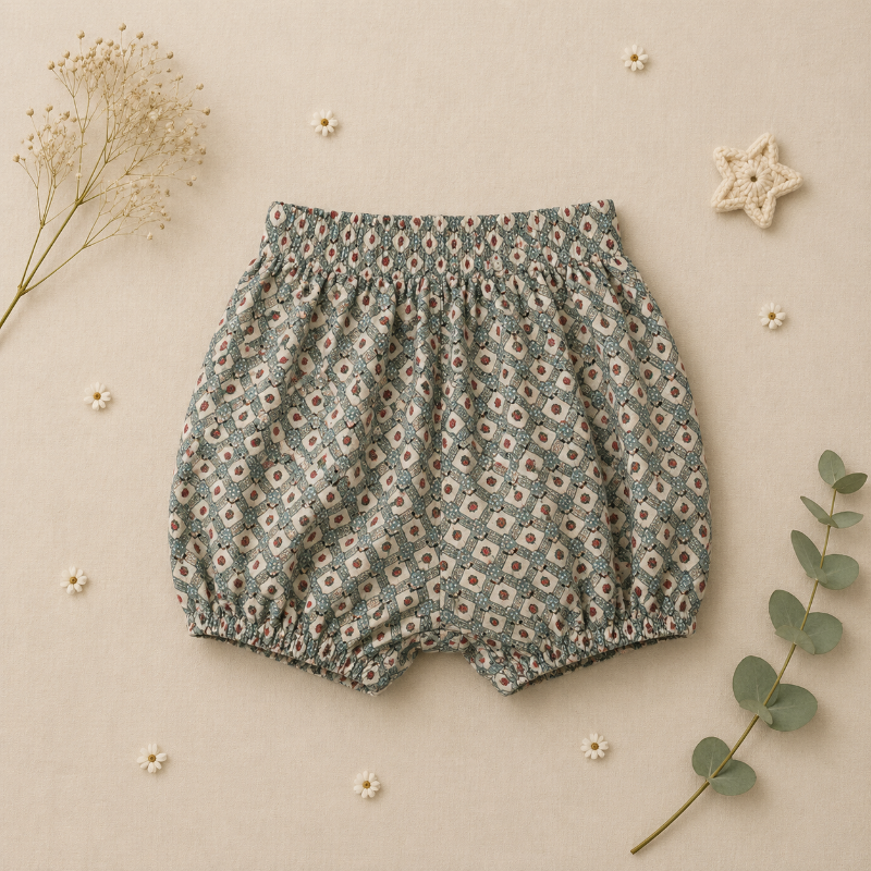 Matching Set – Behagelig & med tusindfryd-mønster – bloomers, nederdel og bluse