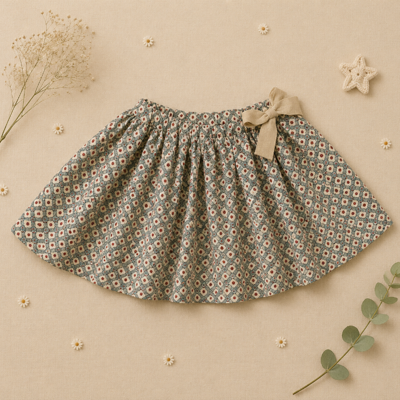 Matching Set – Behagelig & med tusindfryd-mønster – bloomers, nederdel og bluse