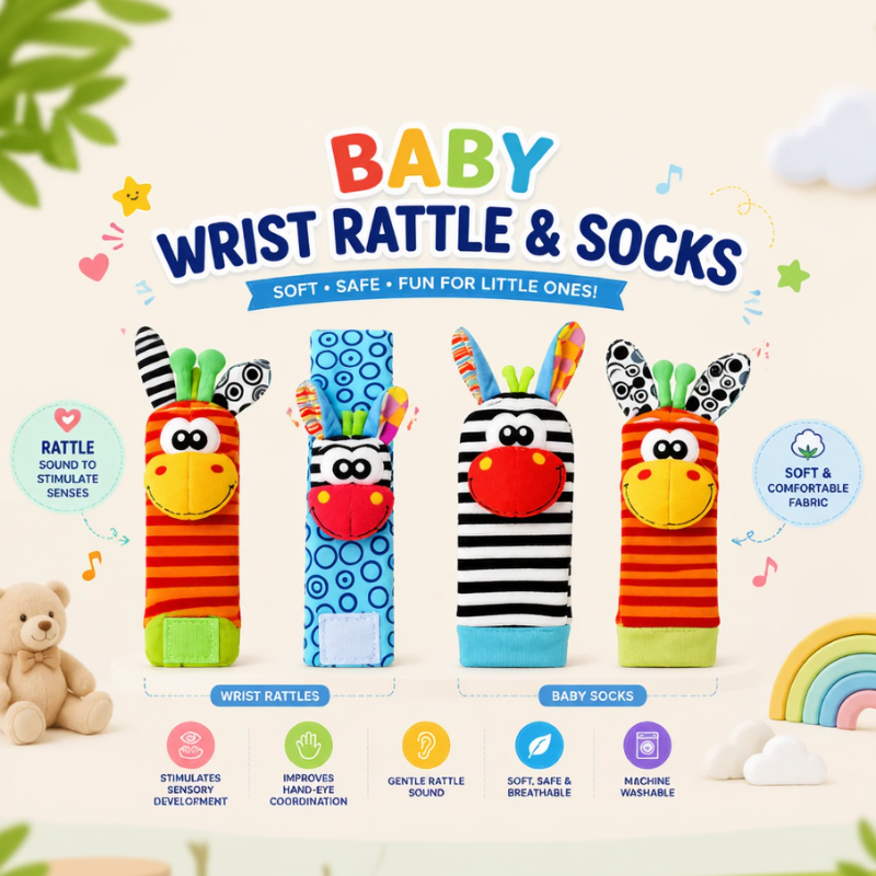 Wrist Rattle and Socks – Motorik & leg – Rangle til babyer (sæt med 4)