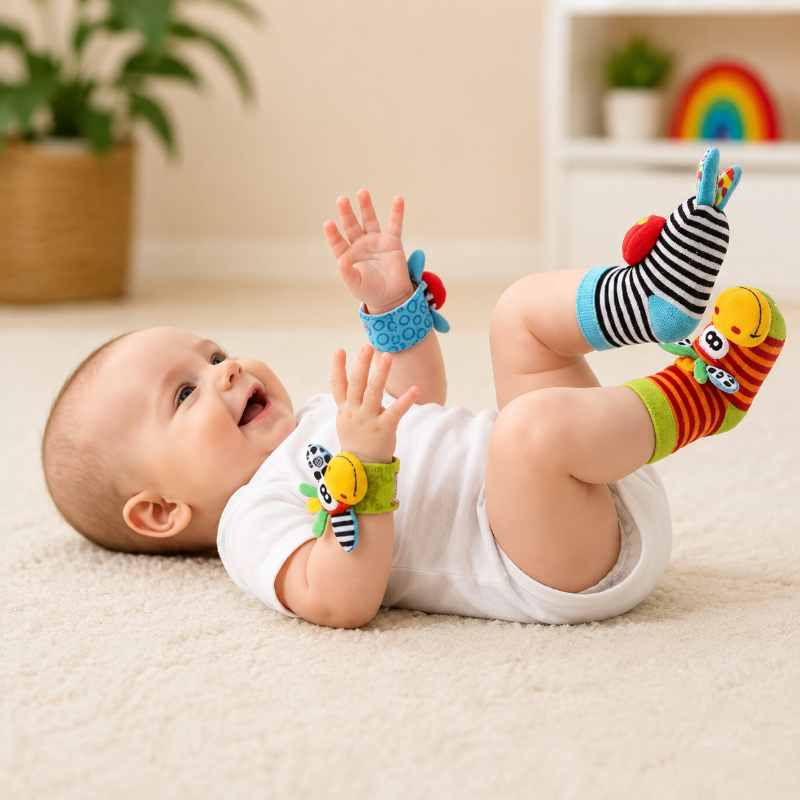 Wrist Rattle and Socks – Motorik & leg – Rangle til babyer (sæt med 4)