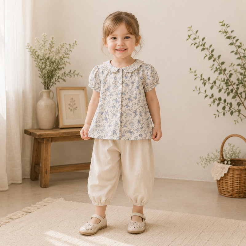Vine Print Blouse – Let og sød – Børnebluse med pufærmer