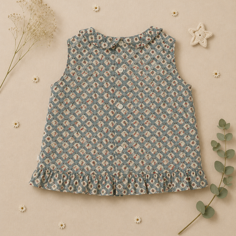 Matching Set – Behagelig & med tusindfryd-mønster – bloomers, nederdel og bluse