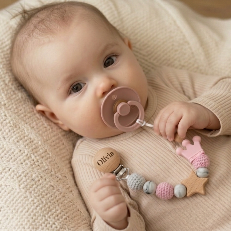 Baby Pacifier Holder – Med namn – Personliga trä- och silikonpärlor