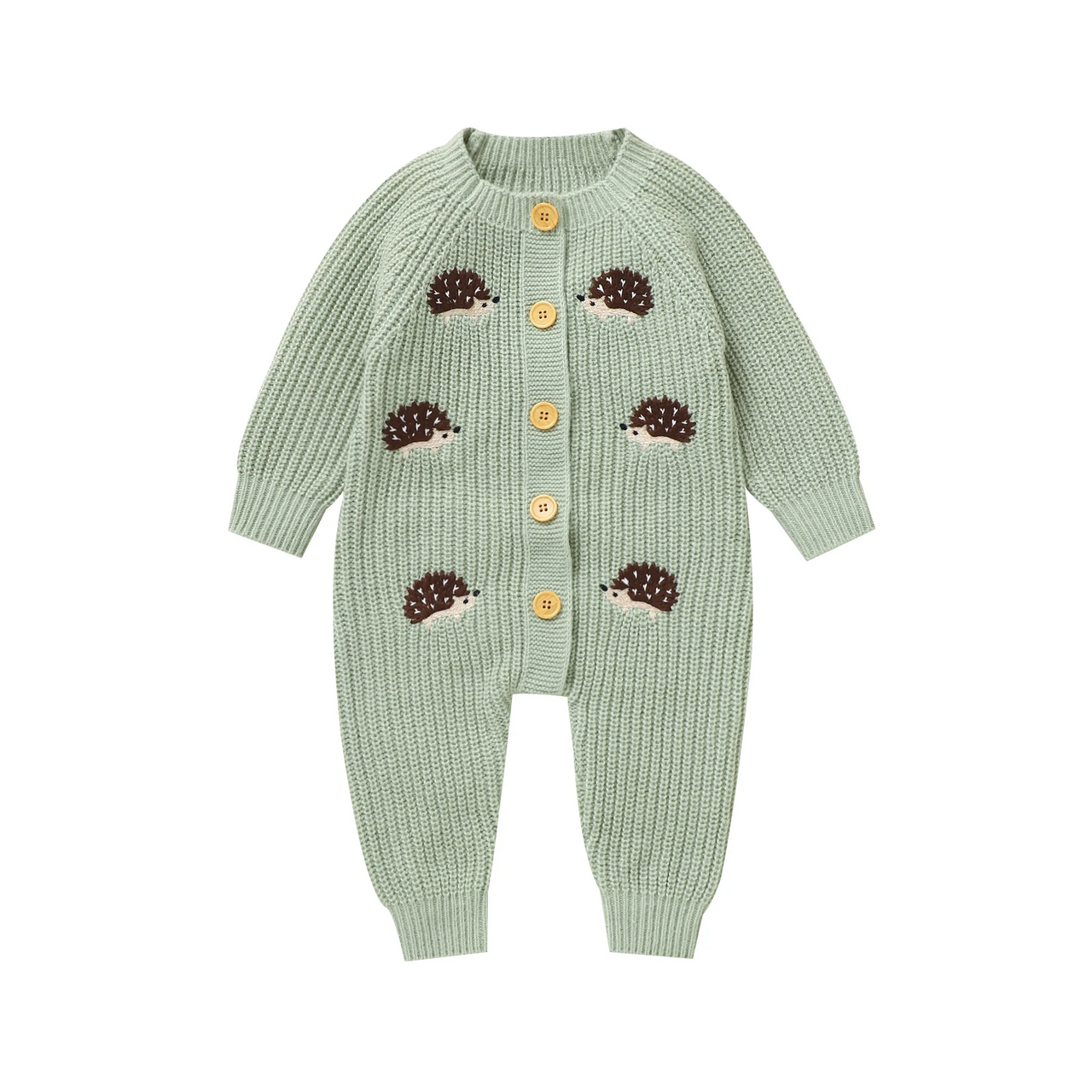 CozyHedge – Blødt & varmt – Strikket baby-jumpsuit med pindsvin-print