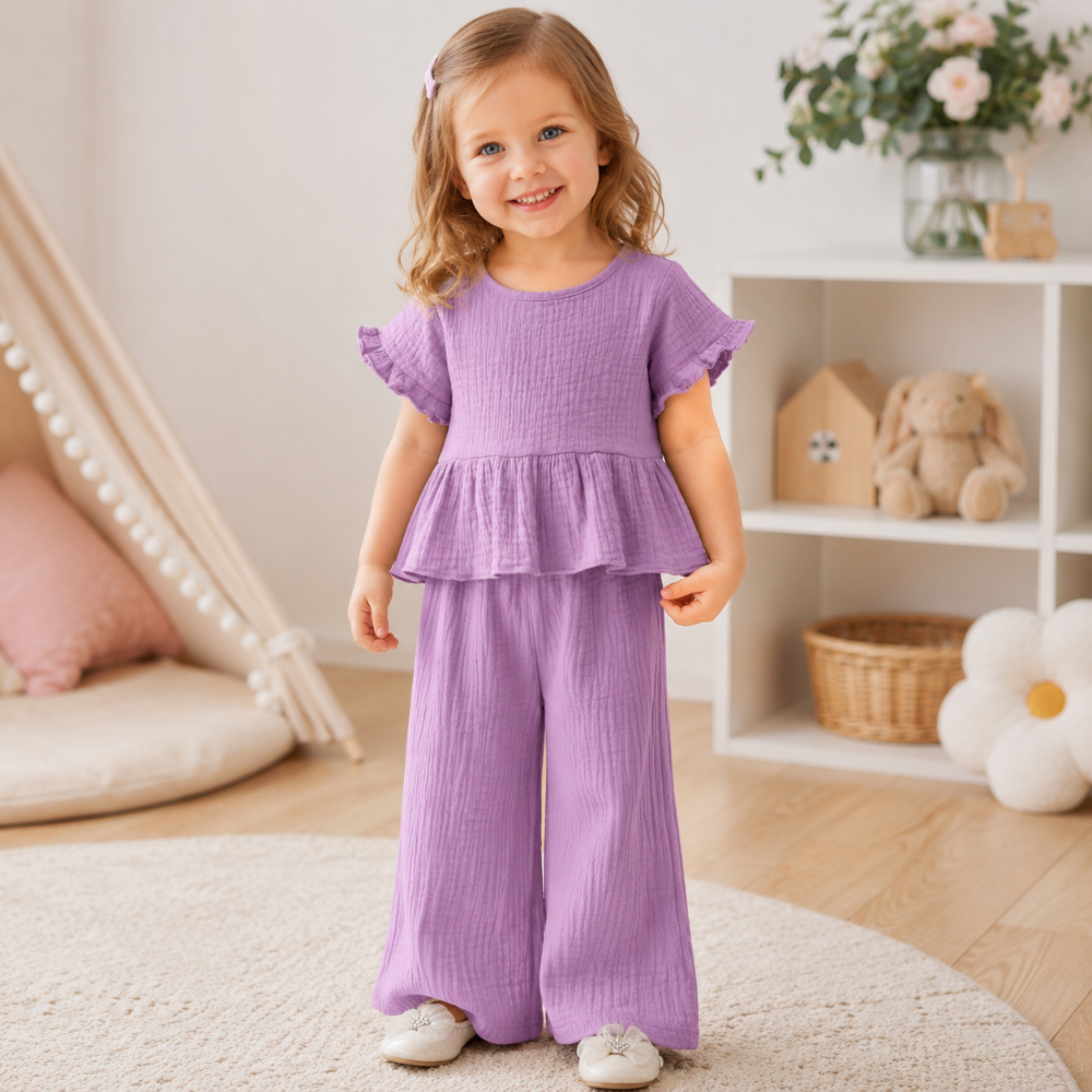 SoftCharm – Elegant og behageligt – Pigesæt med bluse med flæser og lange bukser