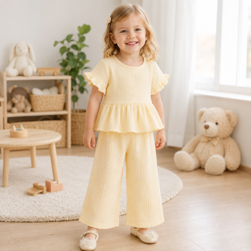 SoftCharm – Elegant og behageligt – Pigesæt med bluse med flæser og lange bukser