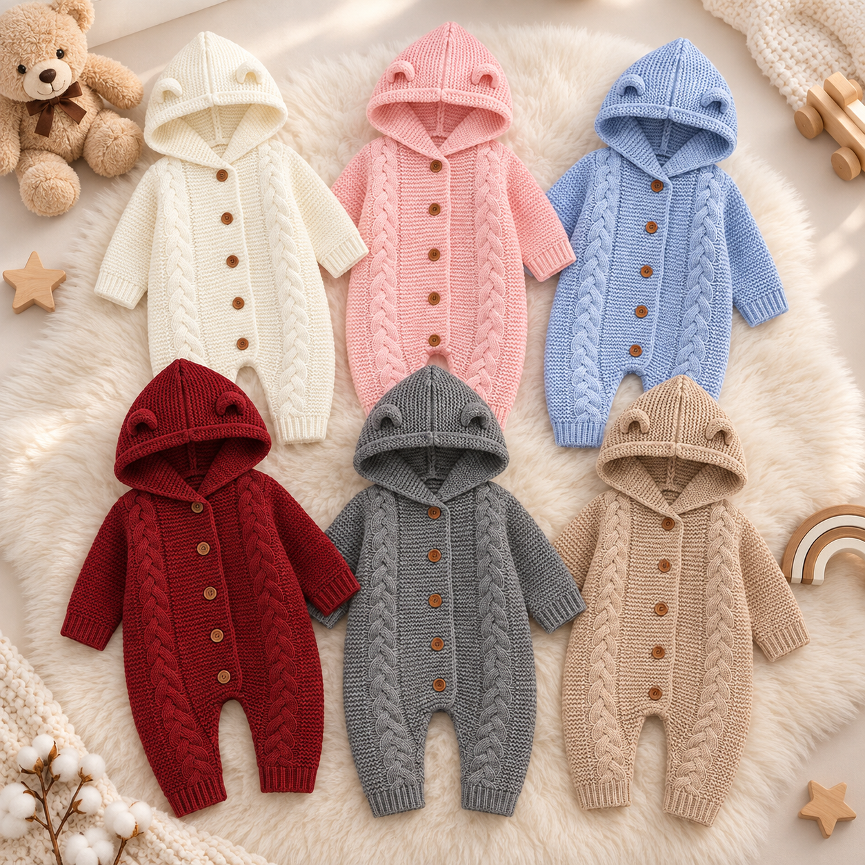 SoftKnit –Varm og sød – strikket baby-jumpsuit med hætte