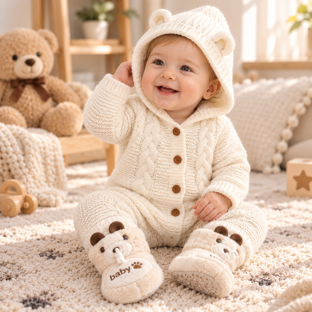 SoftKnit –Varm og sød – strikket baby-jumpsuit med hætte
