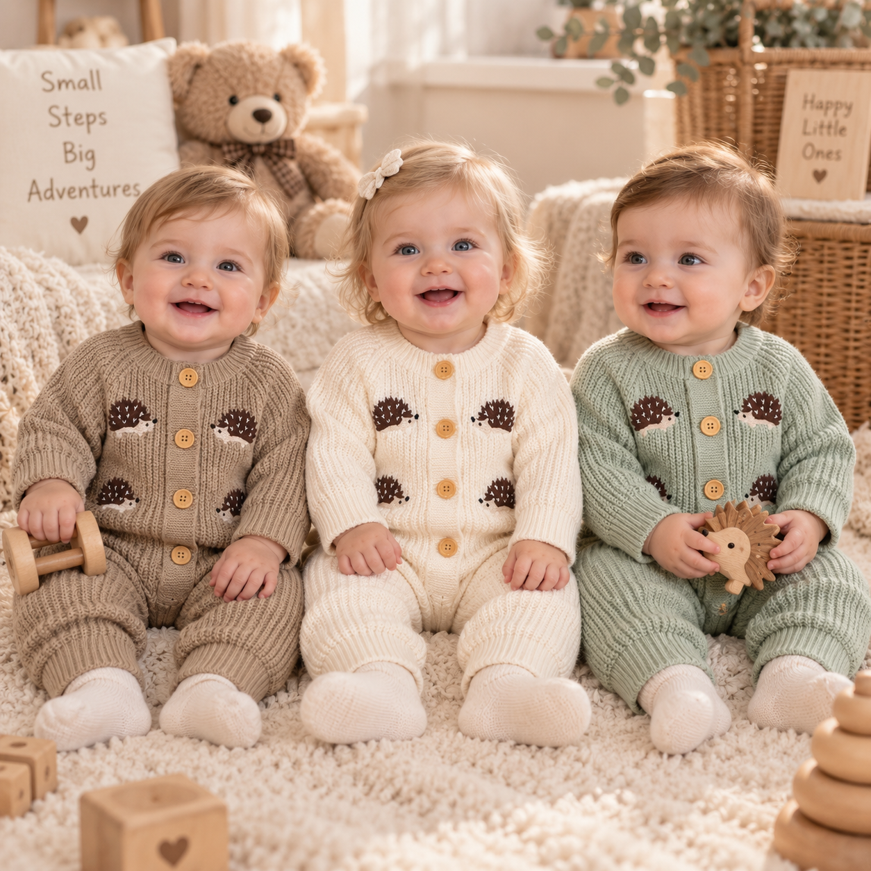 CozyHedge – Blødt & varmt – Strikket baby-jumpsuit med pindsvin-print