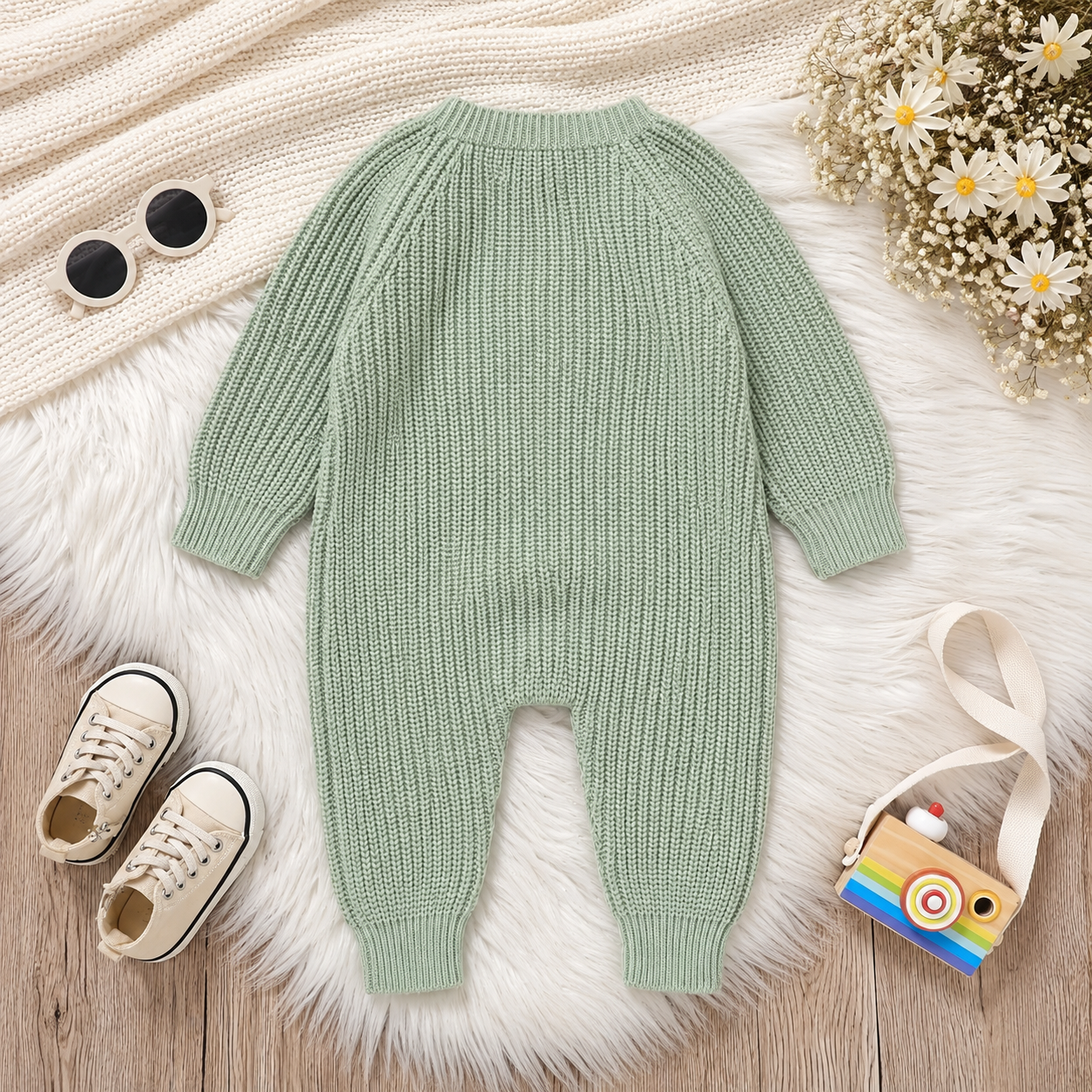 CozyHedge – Blødt & varmt – Strikket baby-jumpsuit med pindsvin-print