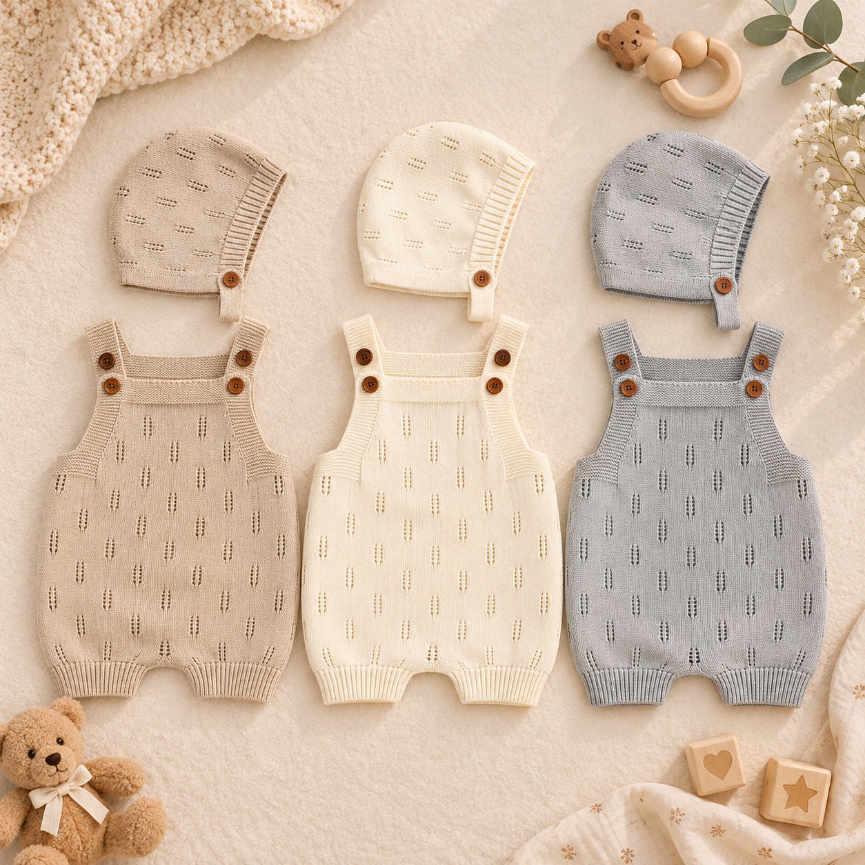 MiniCozy – Blødt og behageligt – Strikkede baby-overalls med hue
