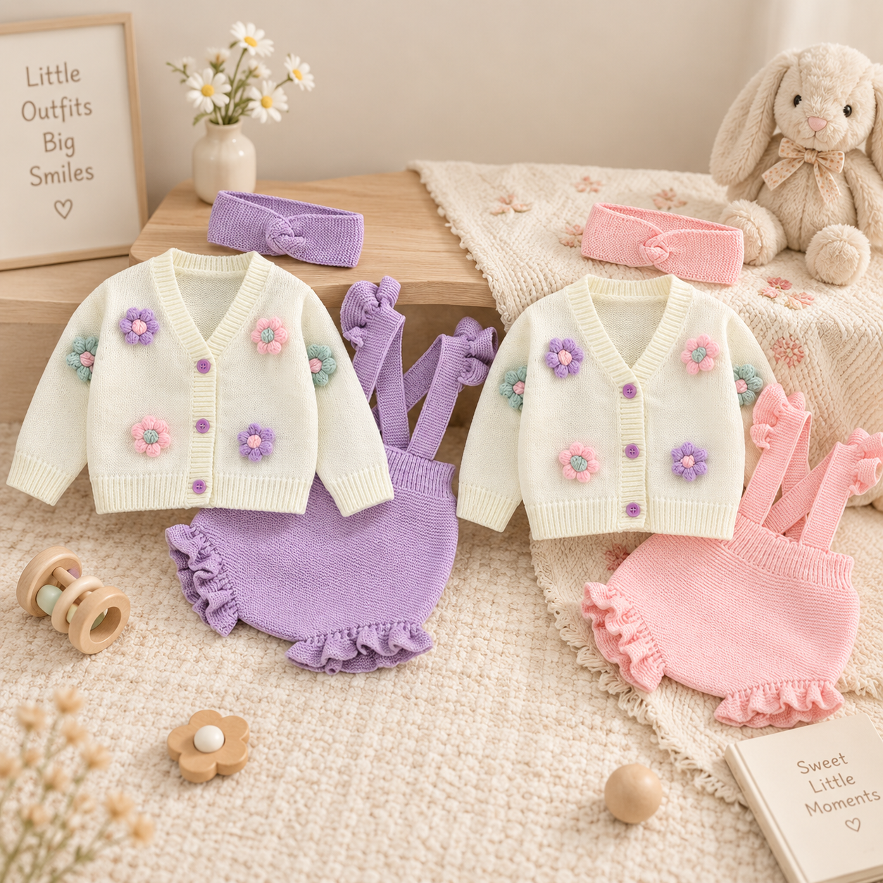 FloraKnit – Blødt & sødt – babyoutfit med vest, smækbukser og hårbånd