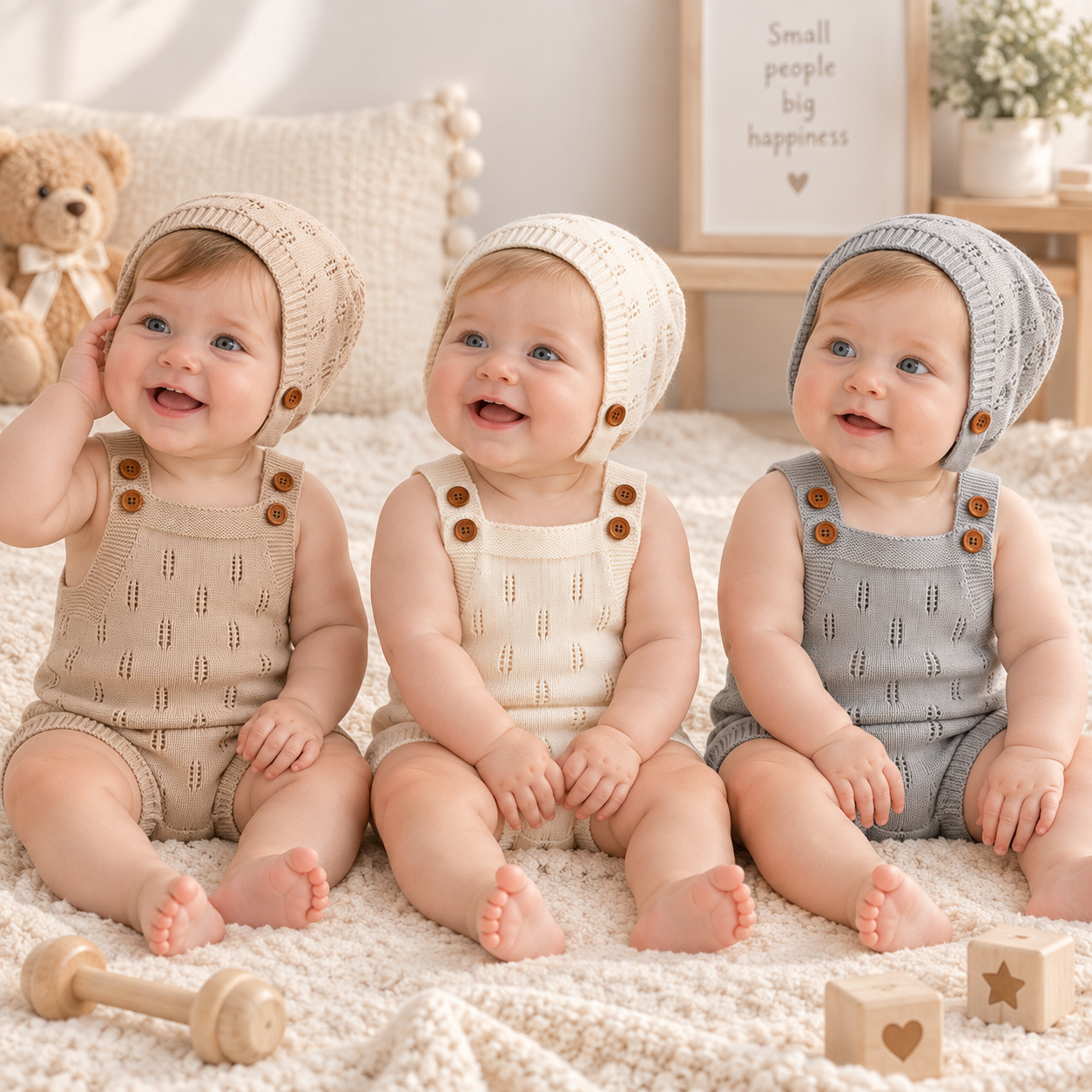 MiniCozy – Blødt og behageligt – Strikkede baby-overalls med hue