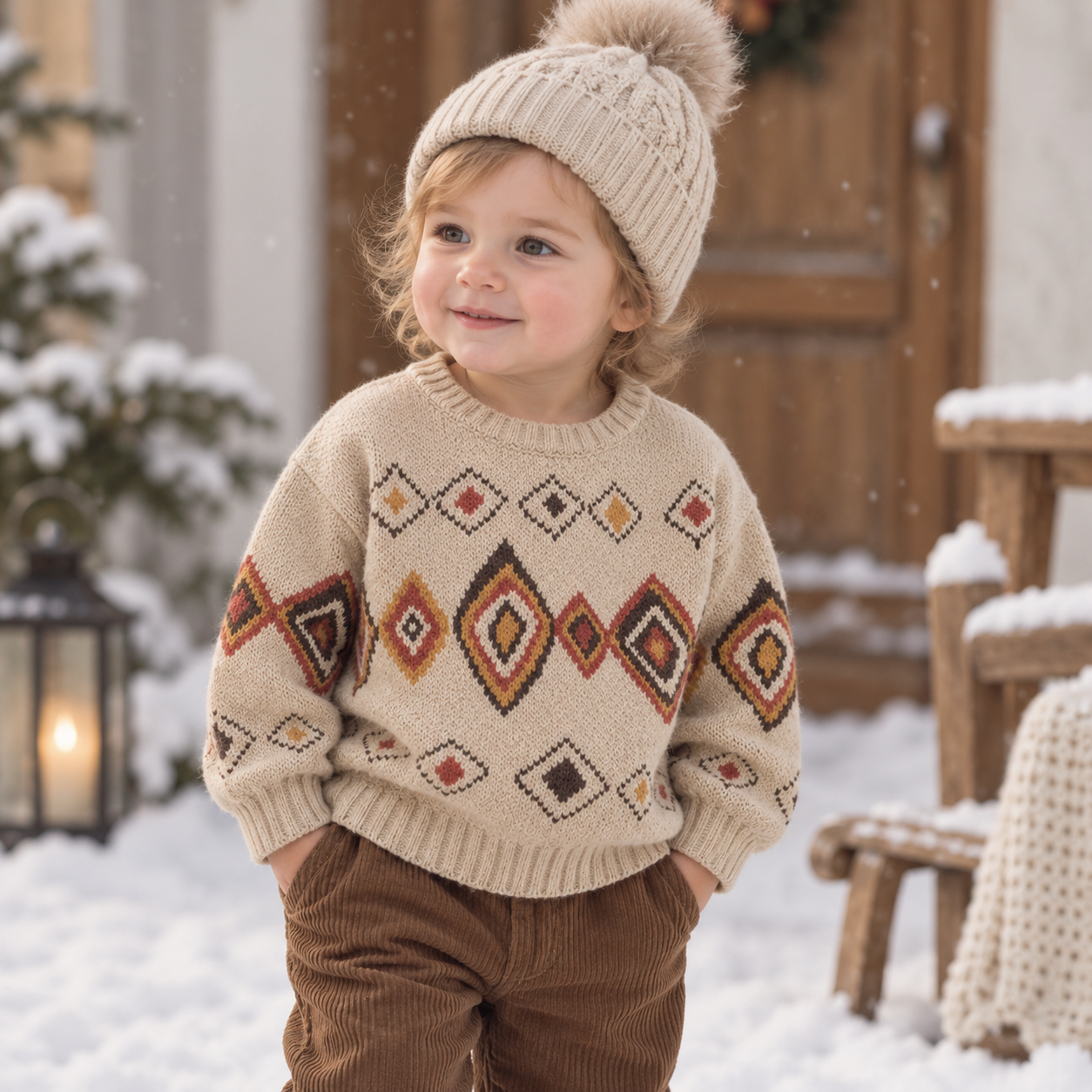 LittleRetro – Varm og stilfuld – Strikket børnesweater med diamantmønster