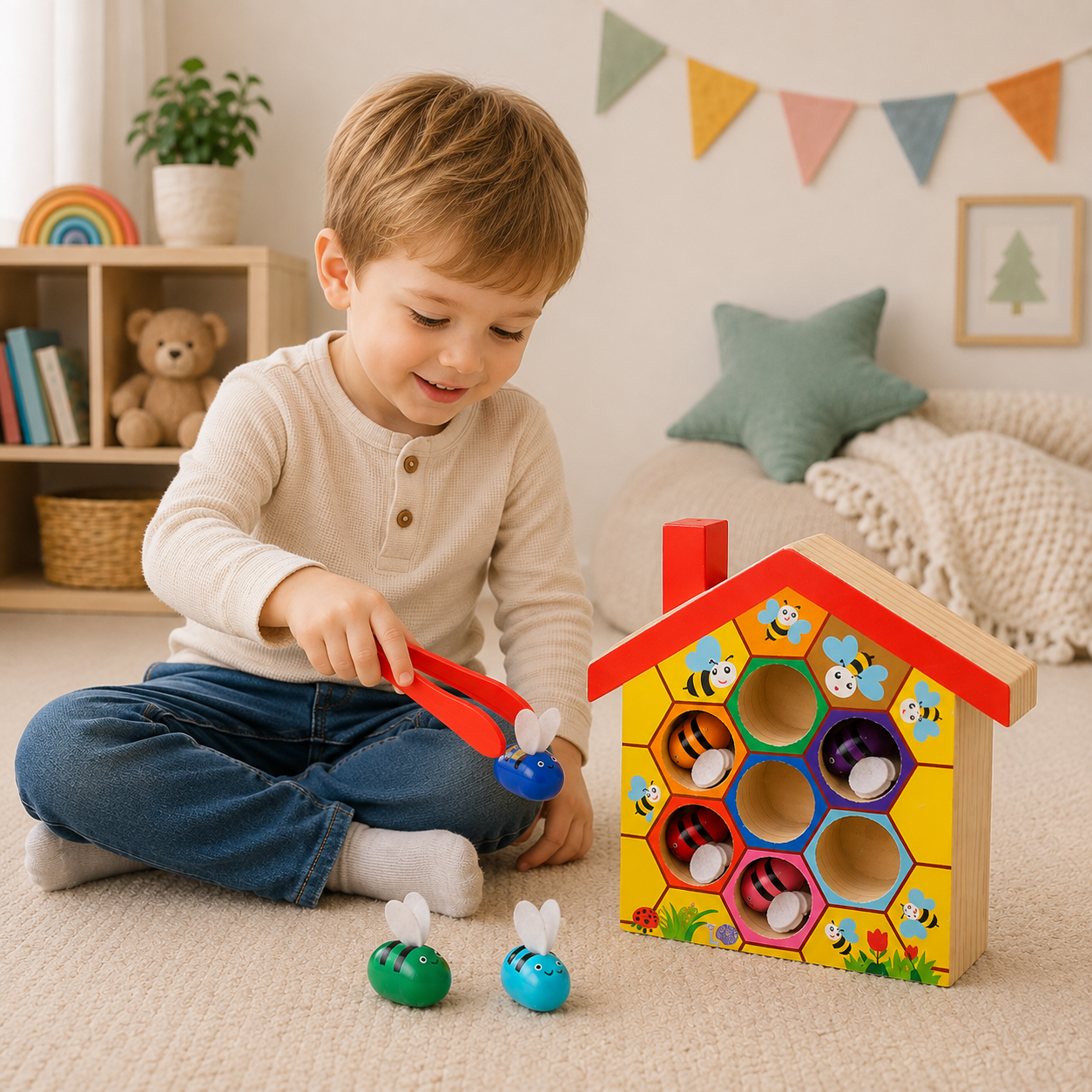 HoneyHive – Montessori & Pædagogisk – Sorteringsspil med bier i træ