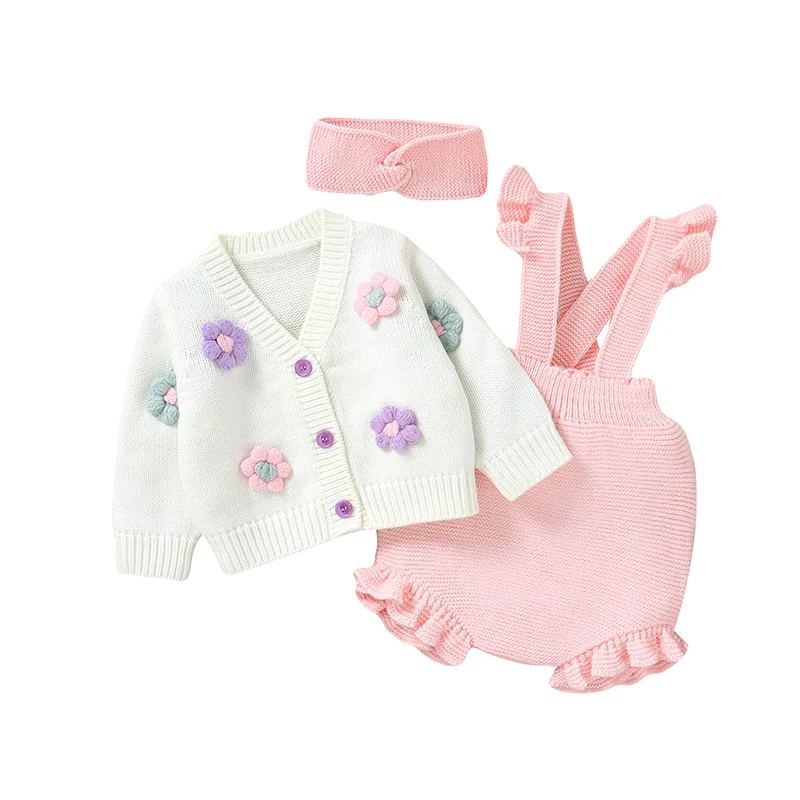 FloraKnit – Blødt & sødt – babyoutfit med vest, smækbukser og hårbånd