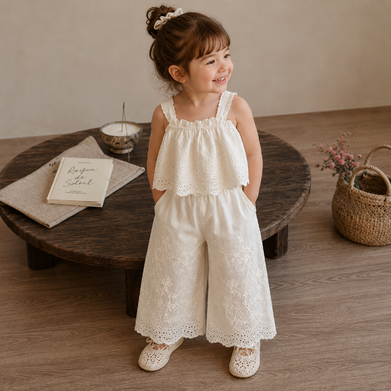 TinyLuxe – Zomerset med blonder-top og bukser med brede ben