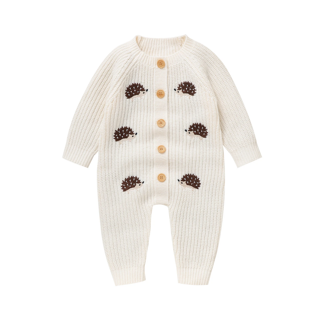 CozyHedge – Blødt & varmt – Strikket baby-jumpsuit med pindsvin-print