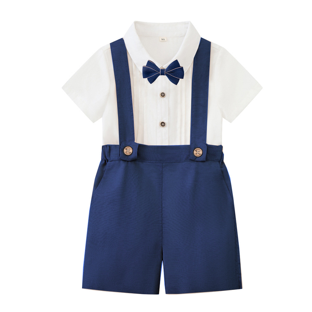 LittleDandy – Klassisk og elegant – Bomuldsshorts med seler, sløjfe & skjorte