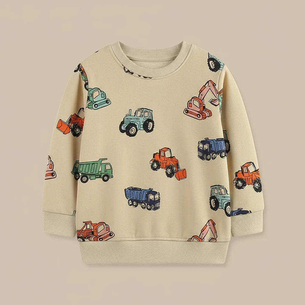 TruckTales – Blød og varm - sweater med farverige byggekøretøjer
